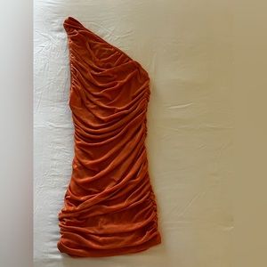 Orange One Shoulder Scrunch Mesh Velvet Mini Dress